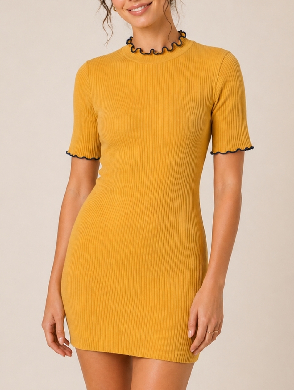 Urban Outfitters Shelly Ribbed Knit Mini Dress Mustard Yellow Women's Size Small